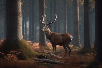 Illustration of deer in the forest, wildlife concept. Generative AI