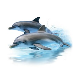 2 jumping playful dolphins in water isolated on a white background, generative ai