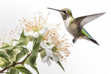 Beautiful hummingbird illustration, white background. Generative AI