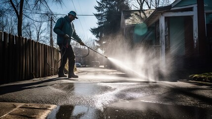 A dynamic shot of a man using a pressure washer to blast away dirt and grime from a weathered driveway. Generative AI