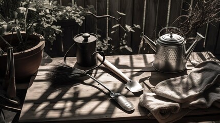 A serene composition showcasing a man's spring cleaning ritual in the garden, with a focus on the details of the tools and techniques being used. Generative AI