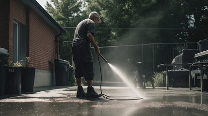 A dynamic shot of a man using a pressure washer to blast away dirt and grime from a weathered driveway. Generative AI