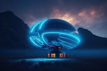 Technological airship with blue neon lights, futuristic game concept, digital illustration. Generative AI