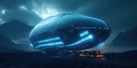 Fototapeta na wymiar Technological airship with blue neon lights, futuristic game concept, digital illustration. Generative AI