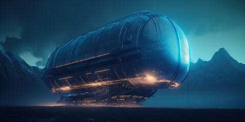 Technological airship with blue neon lights, futuristic game concept, digital illustration. Generative AI