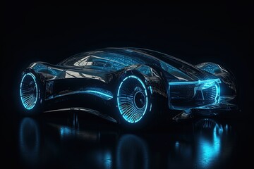 Technological car with blue neon lights, futuristic game concept, digital illustration. Generative AI
