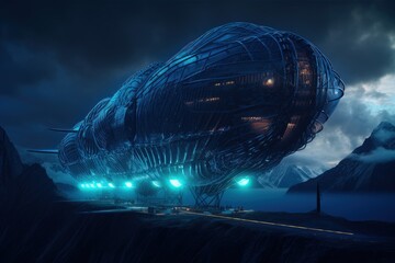 Technological airship with blue neon lights, futuristic game concept, digital illustration. Generative AI