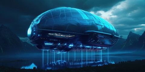 Fototapeta na wymiar Technological airship with blue neon lights, futuristic game concept, digital illustration. Generative AI