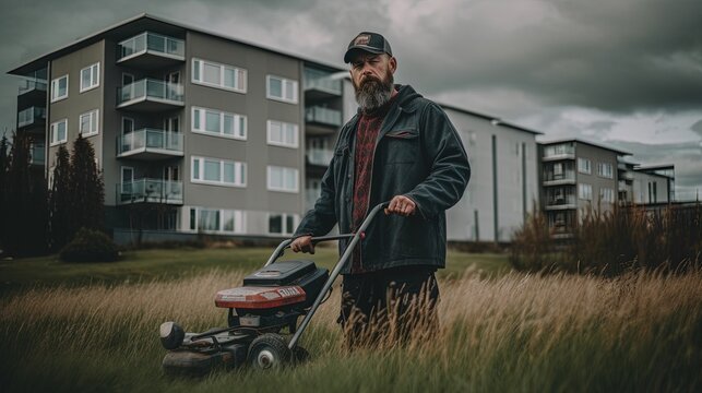 Photo of Portrait of a man with a beard and tattoos, mowing a small patch of grass in front of his urban apartment building with a hand - held reel mower. Generative AI