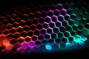 Illustration of hexagons with gradient neon lights, background with gradient beehive. Generative AI