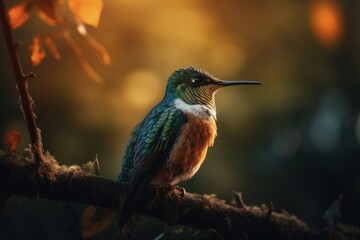 Fototapeta premium Beautiful hummingbird illustration, bokeh background, forest in background. Generative AI