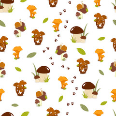 Seamless pattern of mushrooms and snails with footprints in cartoon style for children's textiles and decor. White mushrooms, chanterelles, honey agaric, boletus, cute snails.