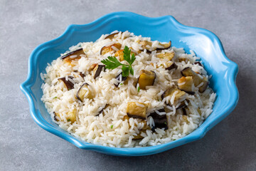 Traditional Turkish food; Eggplant rice pilaf. Turkish name; Patlicanli pirinc pilavi