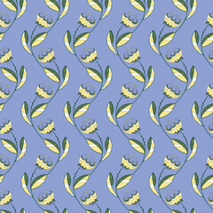 Seamless retro pattern with fantastic flowers, floral ornament on a lilac background. Fantastic print, handmade elements. Home decor. For textiles.