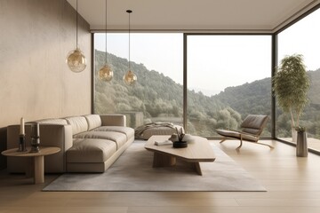 Fototapeta na wymiar Modern living room, beige tones, architecture concept, forest and canyons in the background. Generative AI