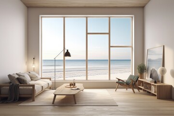 Modern room, beige tones, architecture concept, sea and beach in the background. Generative AI