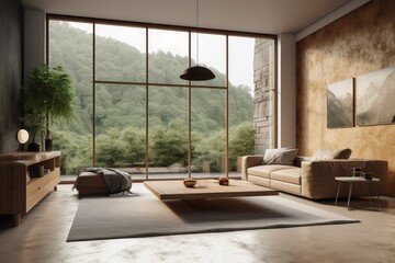 Modern living room, beige tones, architecture concept, forest and canyons in the background. Generative AI