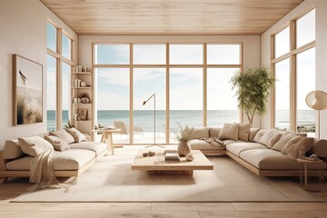 Fototapeta na wymiar Modern room, beige tones, architecture concept, sea and beach in the background. Generative AI