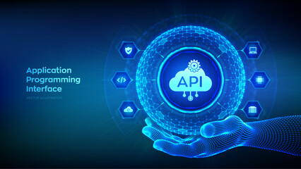 API. Application Programming Interface in the shape of sphere with hexagon grid pattern in wireframe hand. Software development tool, cloud computing technology concept. Vector illustration.