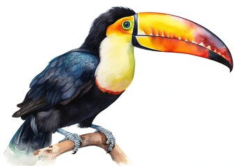 Beautiful toucan illustration, animal life concept, white background, painting style. Generative AI