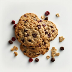 Oatmeal cookies cereal with raisins on white background, top view, Generative AI
