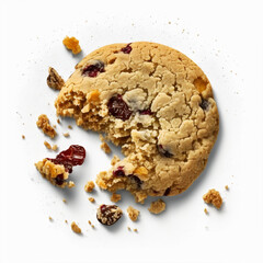 broken oatmeal cookie with cranberry and raisins, isolated on white background, top view, Generative AI