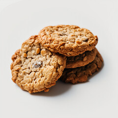 Oatmeal cookies pile, cereal biscuits on white background, Generative AI