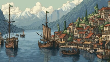 Landscape with fishing village, hills, forest and boats, artistic style. Generative AI