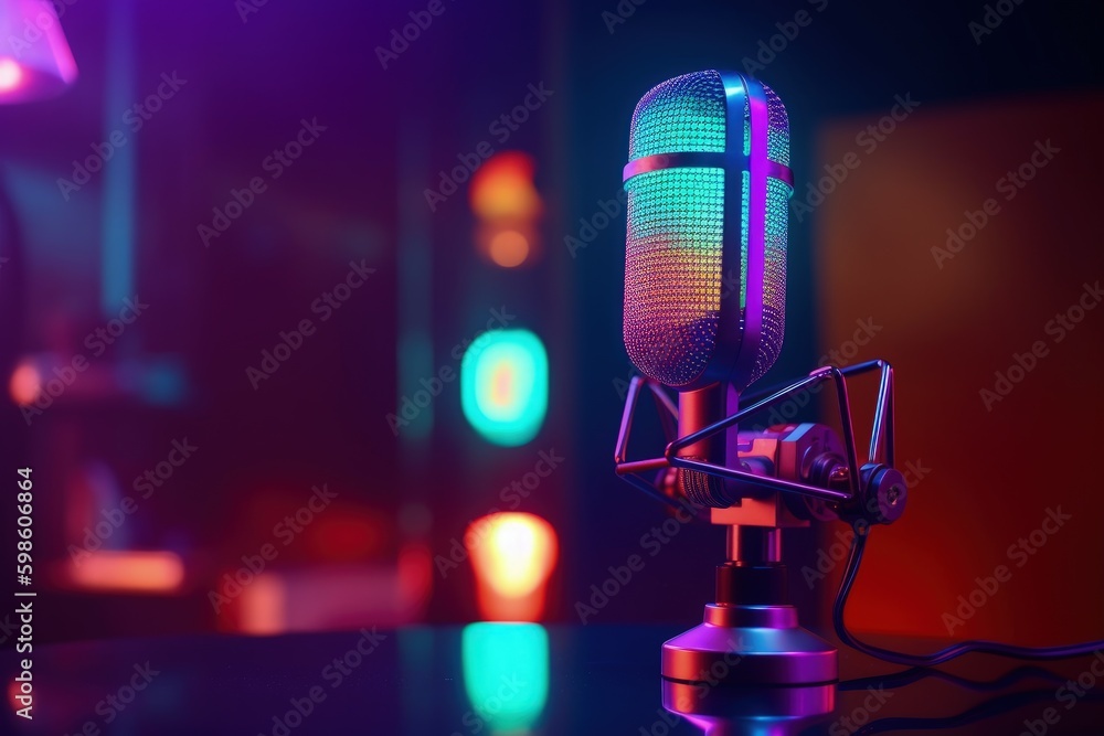 Wall mural Microphone in a podcast room, bokeh background, gradient neon lights. Generative AI