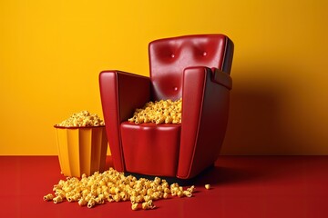 Illustration of cinema chair and popcorn bucket, cinema and leisure concept. Generative AI - obrazy, fototapety, plakaty