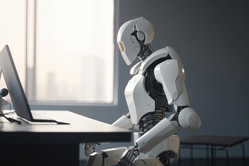 Robot sitting in front of the laptop in a room, artificial intelligence concept. Generative AI