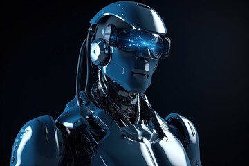 Technological robot, artificial intelligence concept, black background. Generative AI