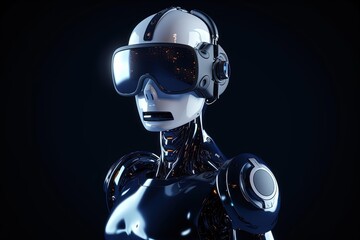Technological robot, artificial intelligence concept, black background. Generative AI