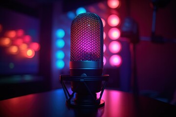 Microphone in a podcast room, bokeh background, gradient neon lights. Generative AI