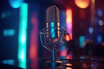 Microphone in a podcast room, bokeh background, gradient neon lights. Generative AI