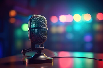 Microphone in a podcast room, bokeh background, gradient neon lights. Generative AI