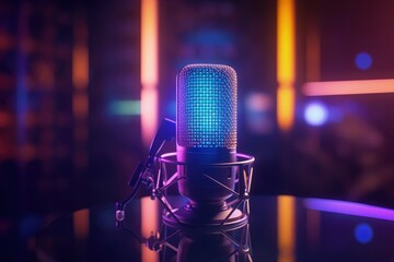 Microphone in a podcast room, bokeh background, gradient neon lights. Generative AI