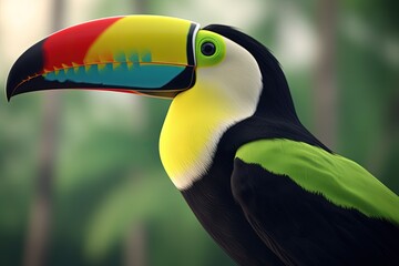 Beautiful toucan illustration, animal life concept, forest in background, bokeh background. Generative AI