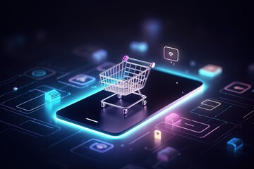 Shopping cart illustration, ecommerce and business concept, background. Generative AI - obrazy, fototapety, plakaty