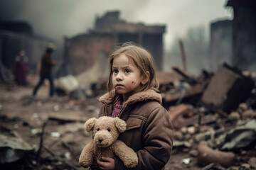 A little girl standing alone in a post - war scene, amidst rubble and destruction, clutching a white teddy bear with a look of sadness on her face - ai generative