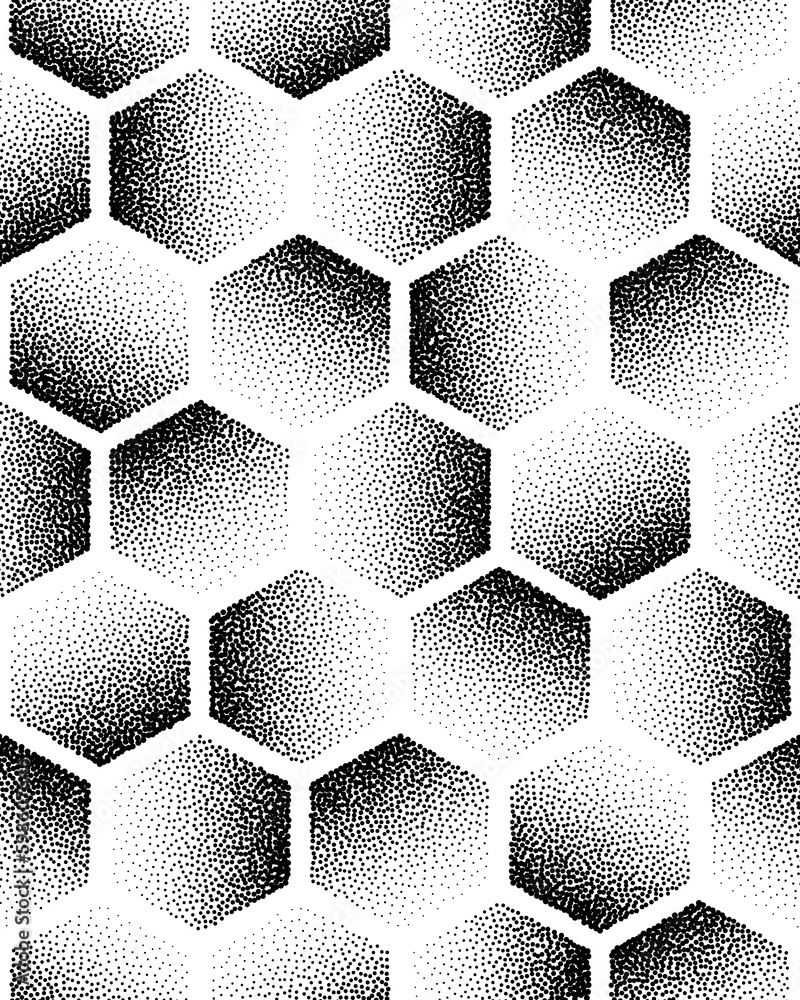 Poster dotwork hexagon grid geometric seamless pattern technology abstract background. hand drawn tileable 