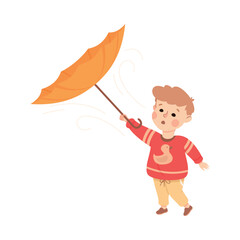 Little Boy Character Holding Turned Out Umbrella Walking in Stormy Weather Vector Illustration