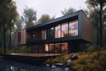 Modern country house with a terrace in the forest, exterior. Cottage by the water with stones, outdoors. Generative AI