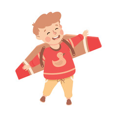 Little Boy Character with Carton Crafted Wings Pretending Plane Flying Vector Illustration