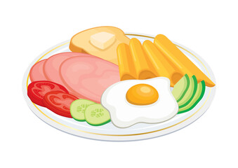 Continental breakfast plate vector illustration. Ham, cheese, fried egg, toast with butter and vegetables on a plate icon vector isolated on a white background