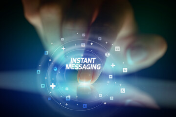 Finger touching tablet with social media icons concept