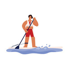 Smiling paddle boarding woman enjoy process flat style, vector illustration