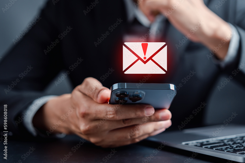 Poster email spam virus warning caution sign for notification on internet letter security protect, junk and
