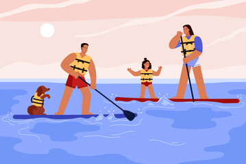 Happy family paddleboarding together, flat vector illustration.