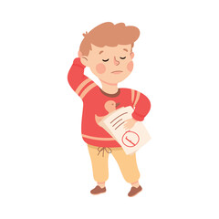 Little Boy Character Scratching Head Getting Paper with Bad Mark Vector Illustration